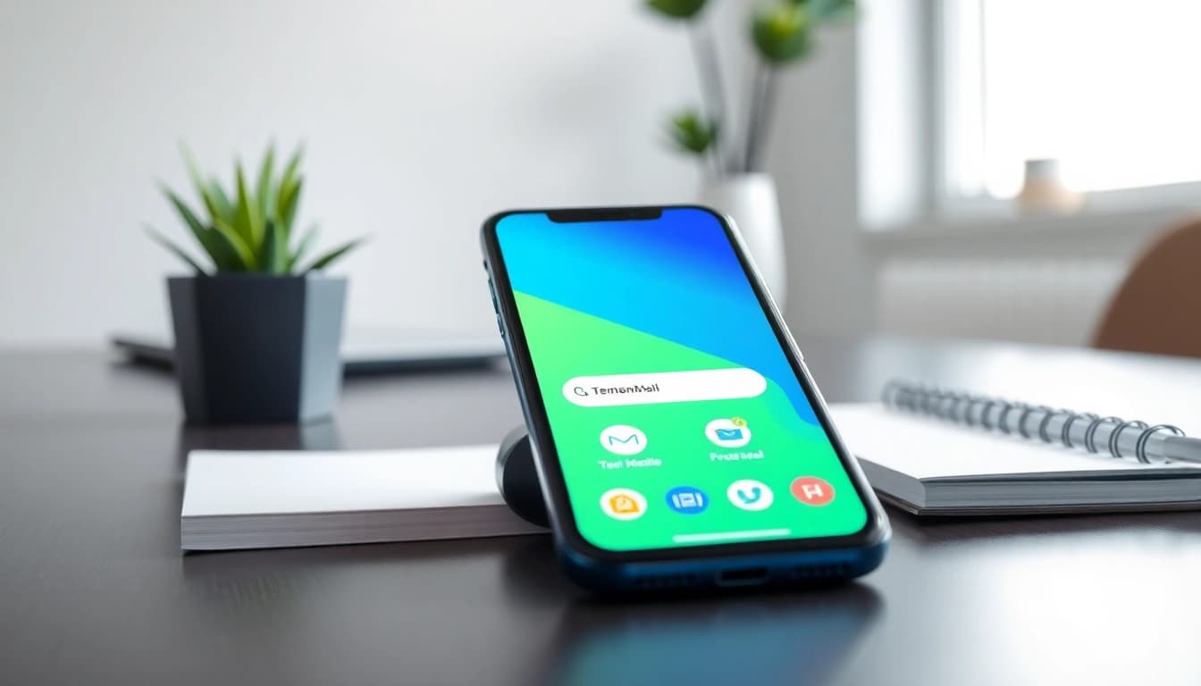 Explore the features of the temp mail app displayed on a smartphone in a stylish office.