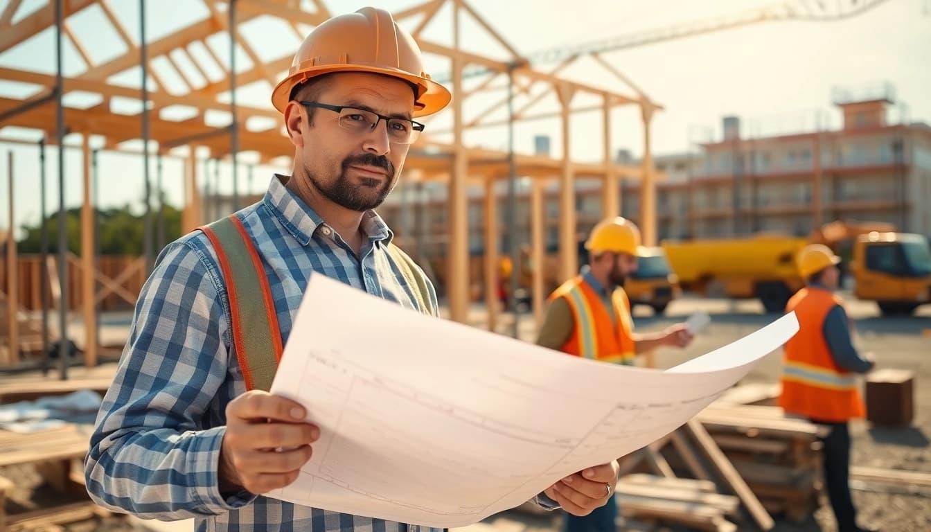 New Jersey General Contractor supervising a construction site with workers and scaffolding in action.