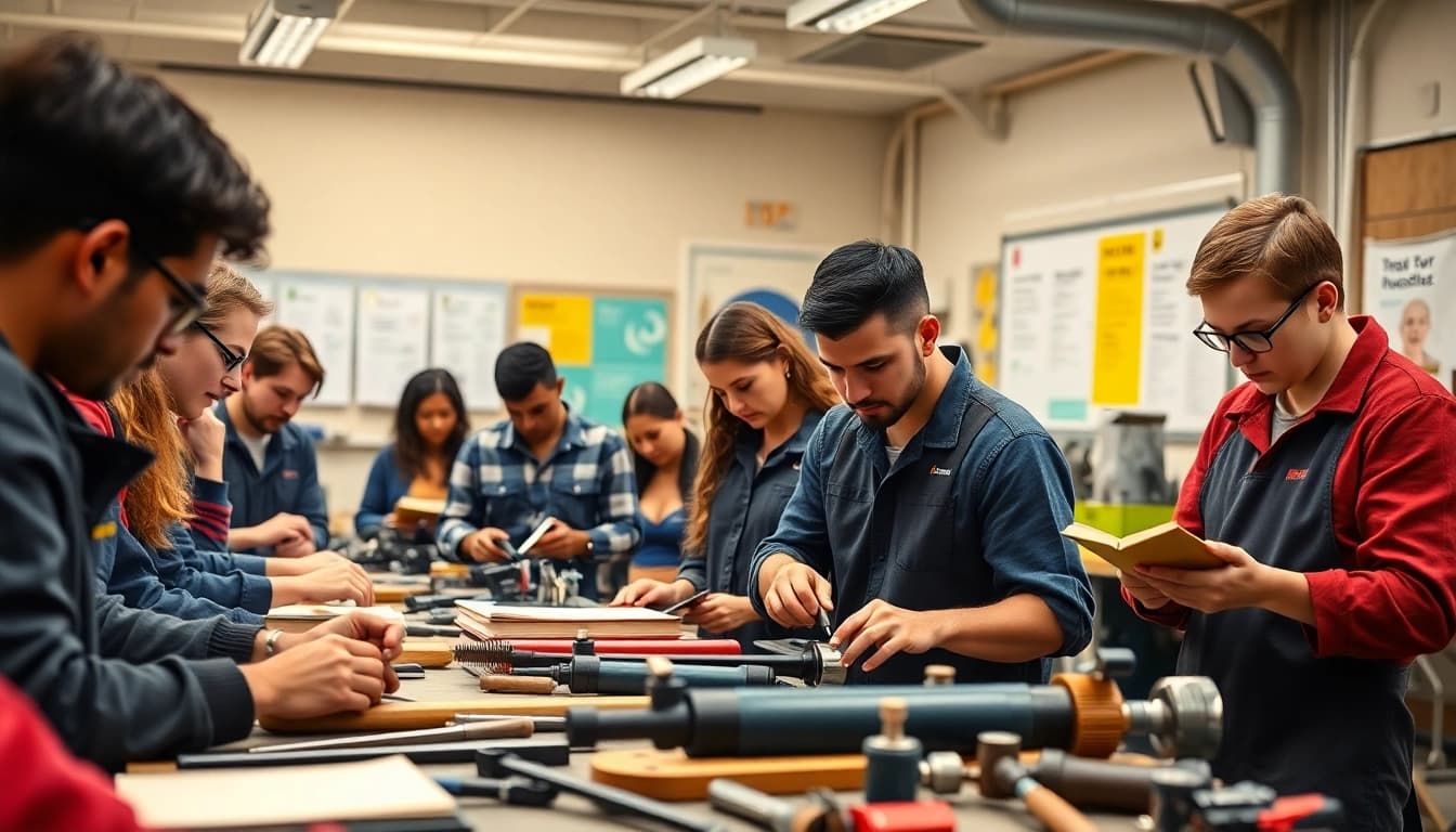Students practicing skills at a Trade School In Tennessee under natural lighting.