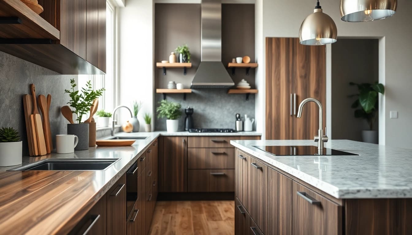 Comprehensive guide to kitchen worktop materials illustrated across different finishes in an elegant kitchen.