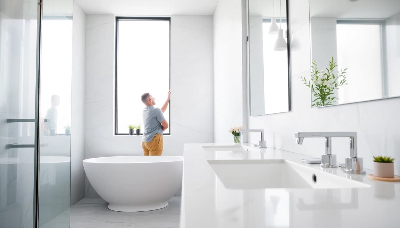 Bathroom remodel contractor installing fixtures in a modern upscale bathroom renovation.
