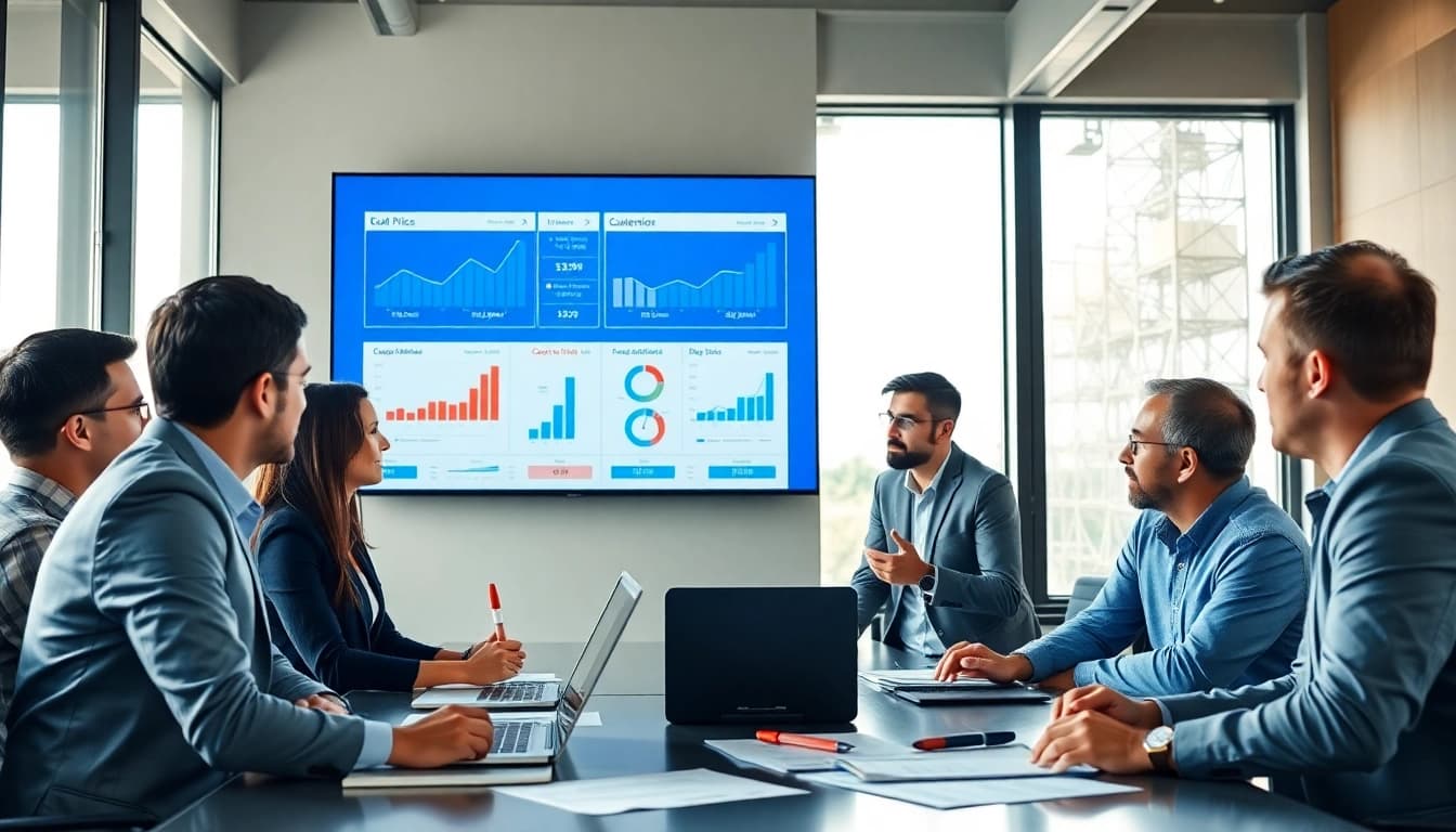 Analyzing competitor pricing strategies in a professional business setting with team discussions.