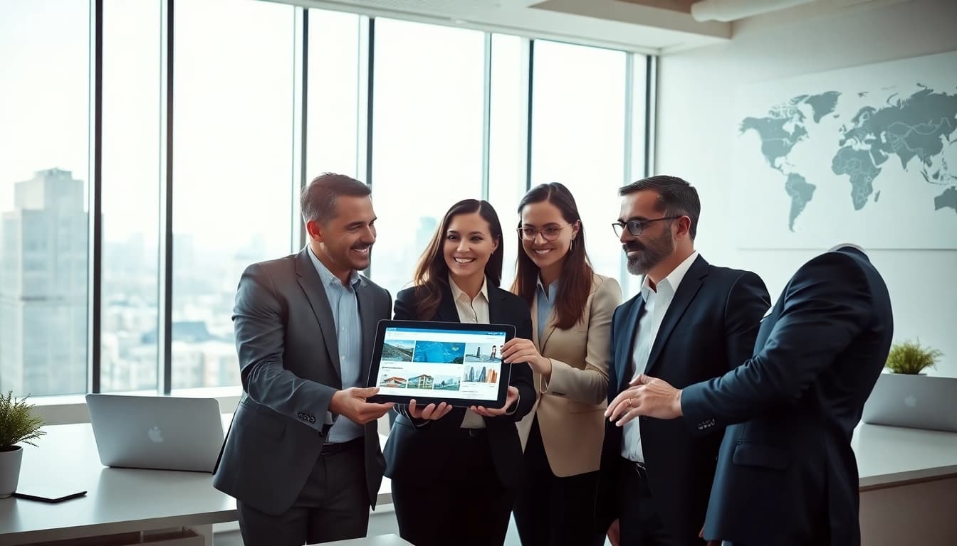 Agents discuss international business real estate opportunities in a bright office setting.