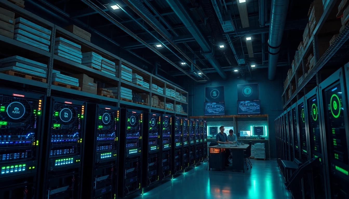 Dynamic view of a cryptocurrency mining facility with ASIC rigs and displays showcasing crypto mining operations.