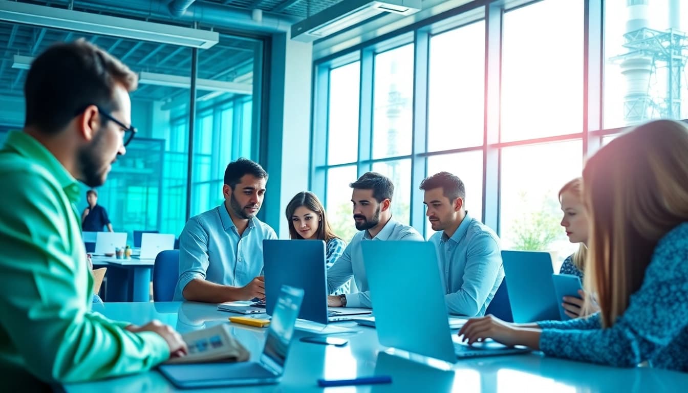 Saas applications enhancing collaboration in a modern office setting with diverse users.