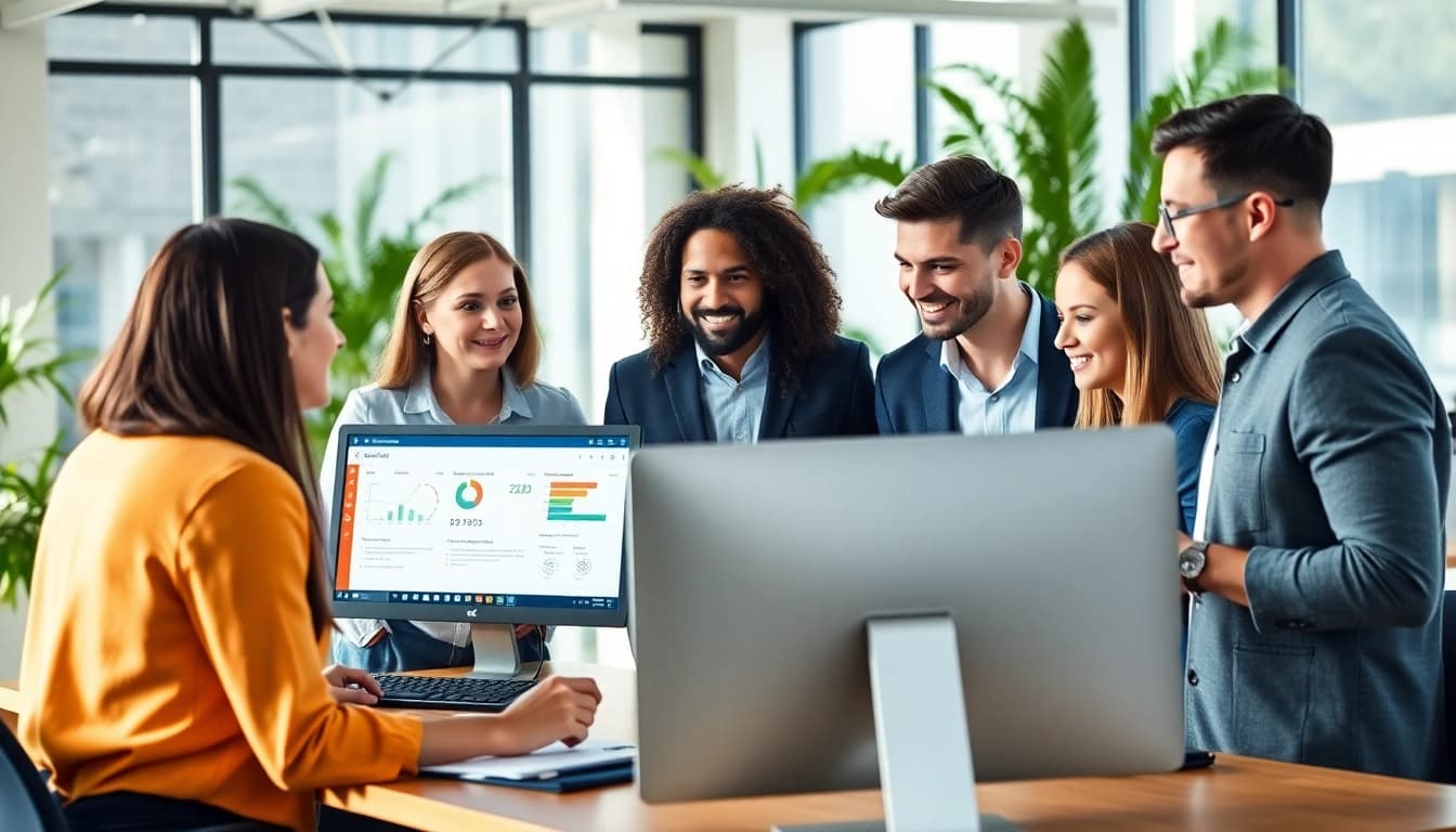 Team analyzing HubSpot CRM free features in a bright workspace for enhanced productivity.