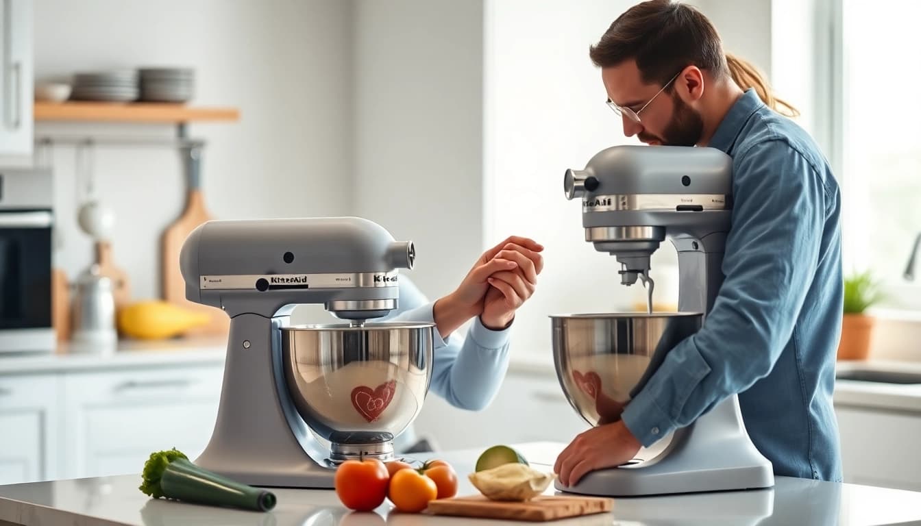 KitchenAid appliance repair Ottawa service technician inspecting a mixer in a bright kitchen.