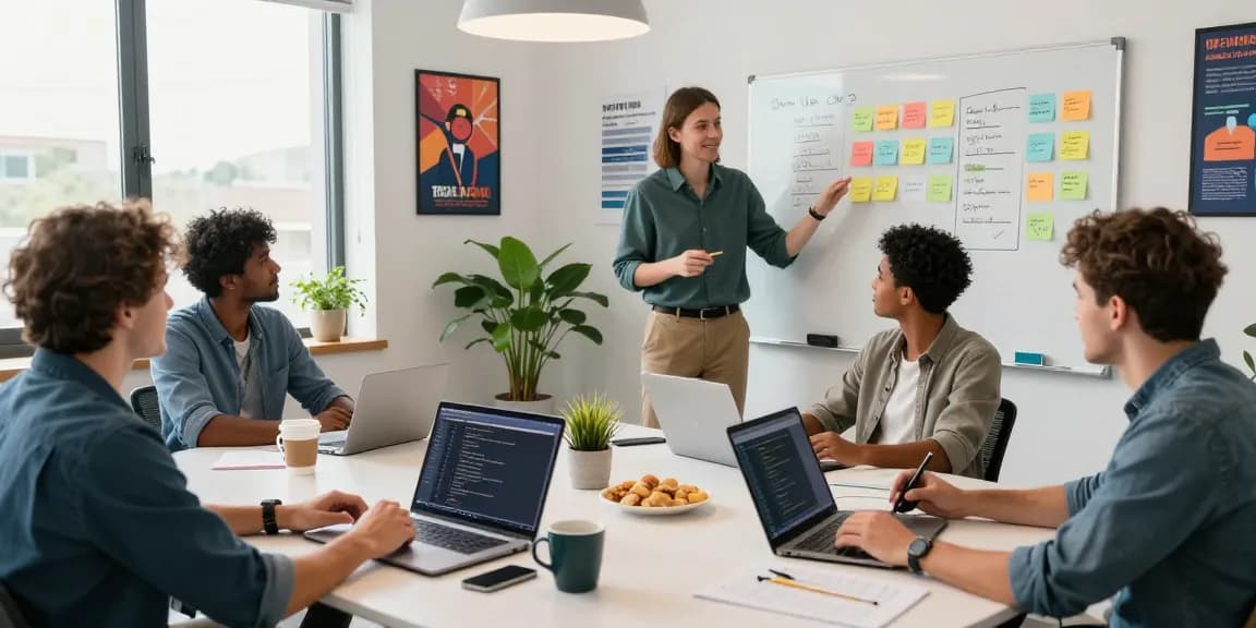 Team collaborating on Custom Software Development Services in a vibrant workspace.