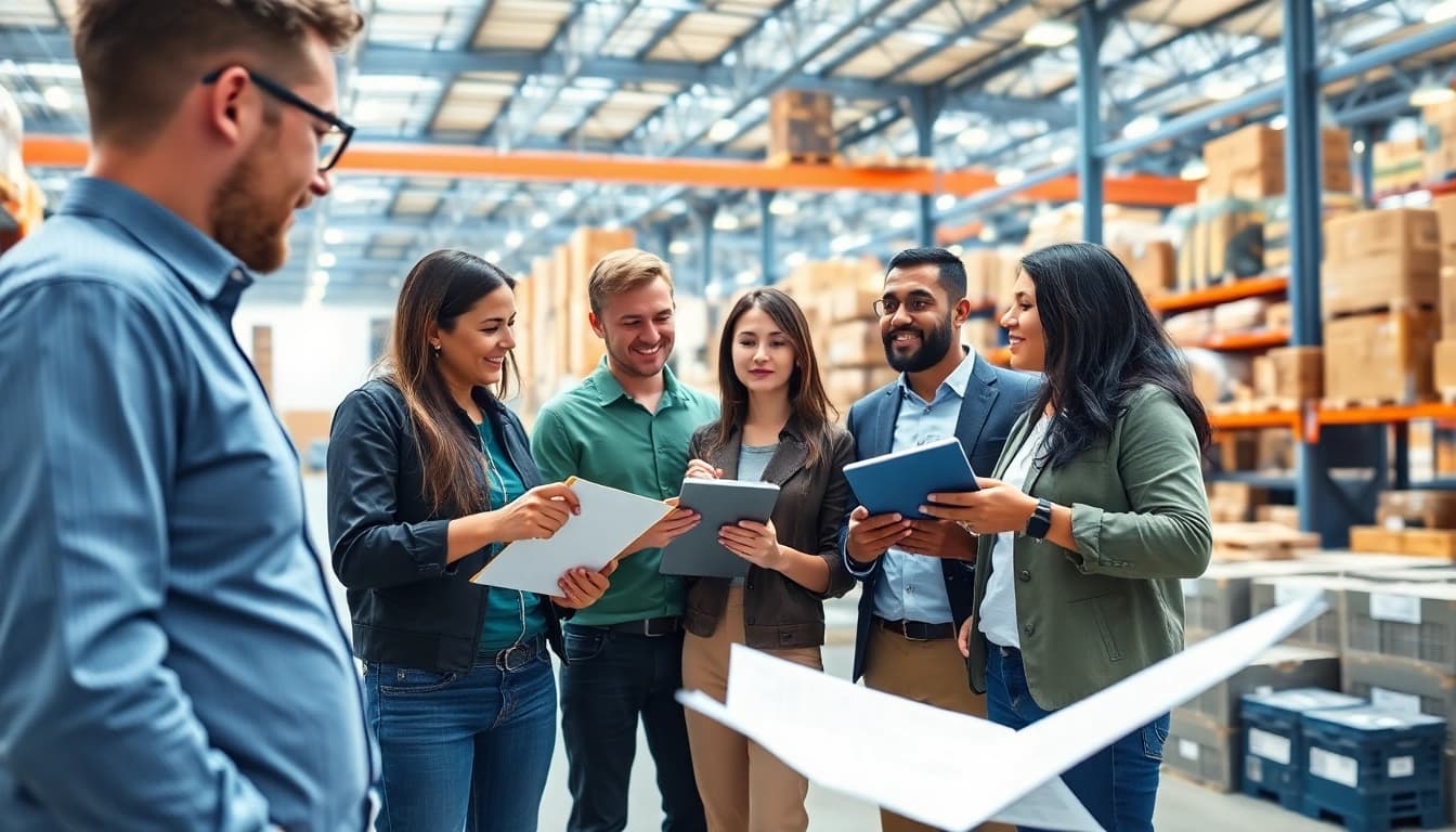 Illustration of a diverse team managing 3PL logistics solutions in a busy warehouse setting.