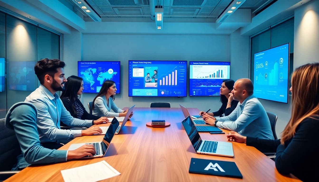 Engaged team collaborating on digital marketing strategies for 79king in a modern office setting.