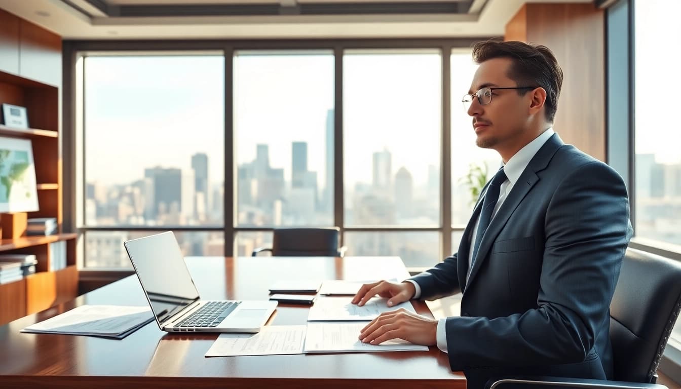 Real estate lawyer reviewing property documents in a bright office environment.