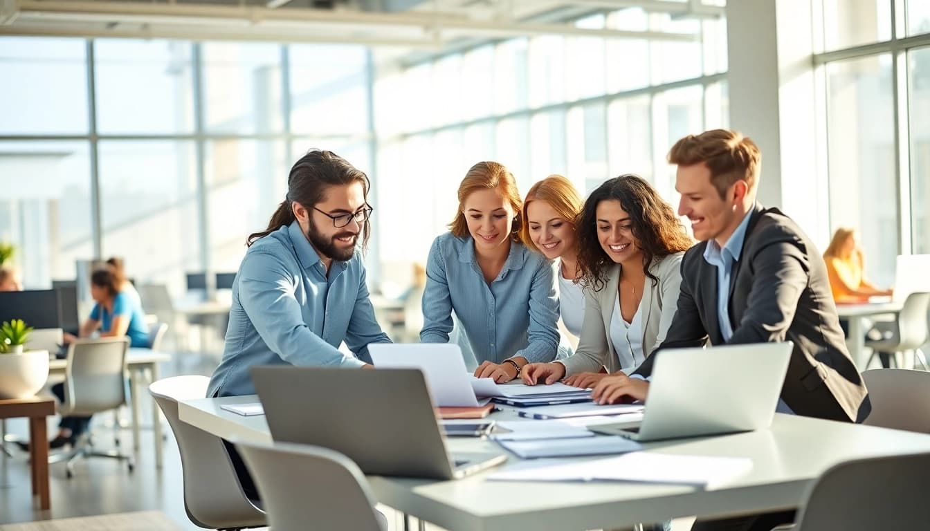 Explore new hire jobs with a professional team collaborating in a bright office environment.