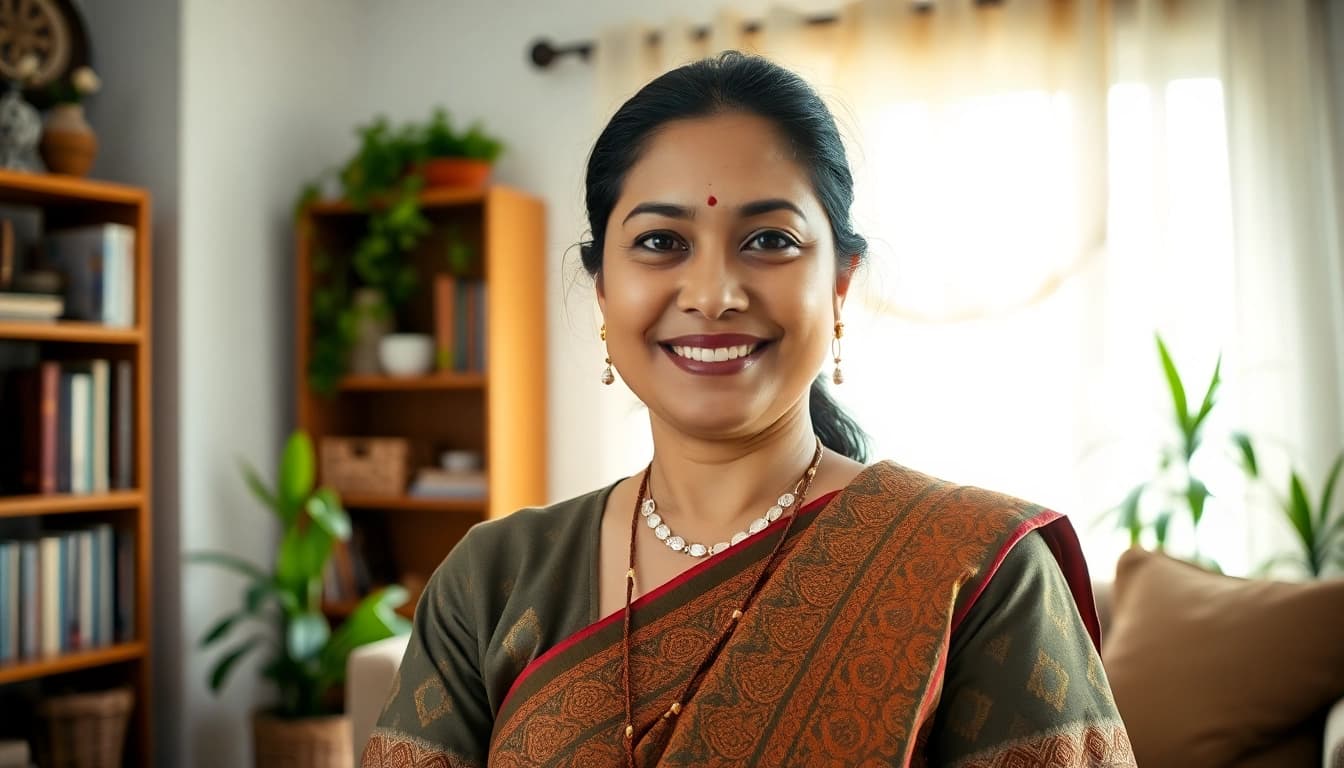 An indian maid from mizoram showcasing her traditional attire in a cozy home setting.