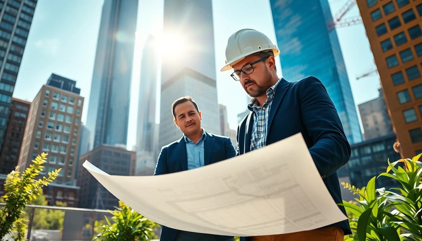 Engaged New York General Contractor reviewing project plans in a vibrant construction setting.