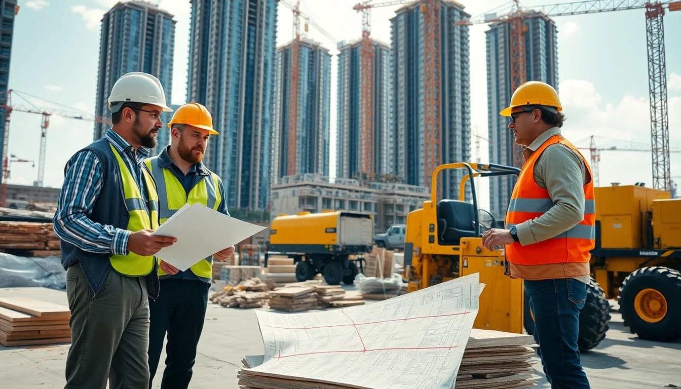 Engaged workers in diverse roles highlighting Careers in construction at a busy job site.