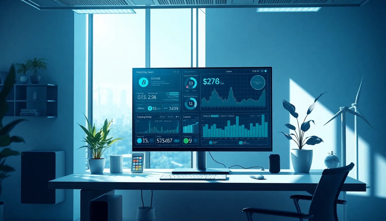 AI-powered crypto mining app interface showcasing real-time data and renewable energy sources.