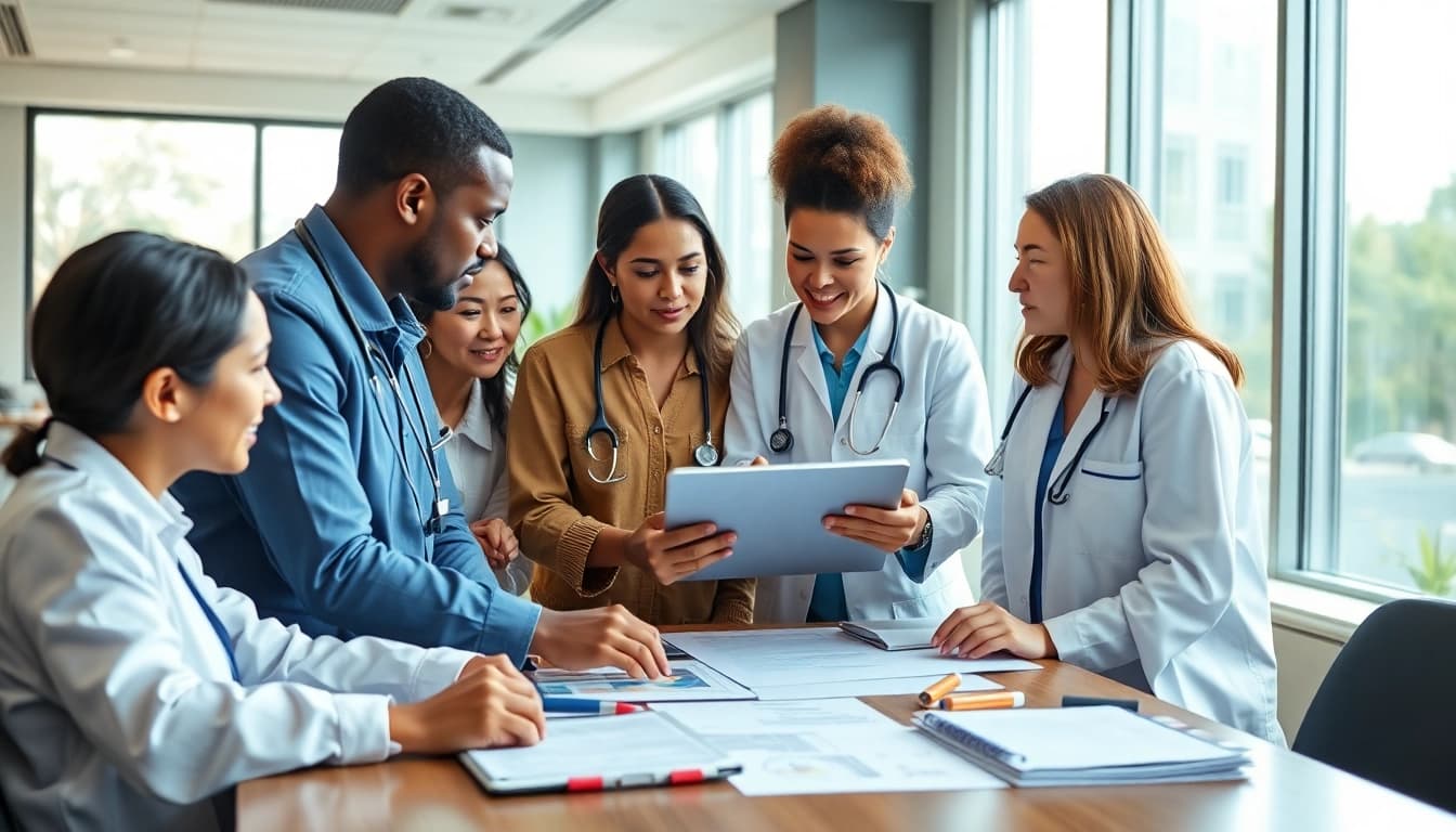 Collaborative healthcare professionals sharing insights on Health in a modern office setting.