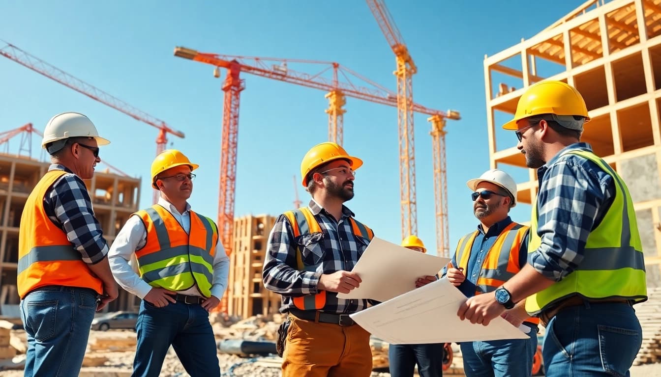 Builders collaborating on a project representing the Texas association of builders at a construction site.
