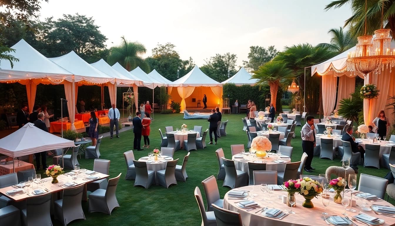 Showcase of Corporate Event Rentals in an elegant outdoor setting with stylish tents and table setups.