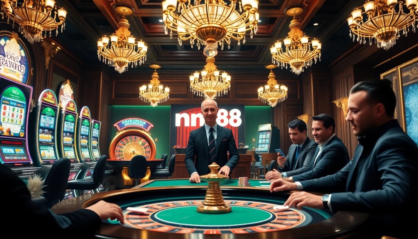 Experience exhilarating gaming at the mm88 casino, featuring vibrant slot machines and an exciting roulette wheel.