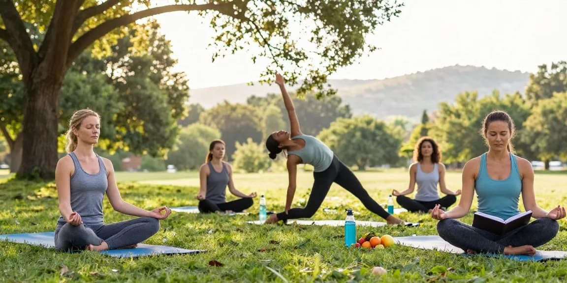 Individuals embracing wellness practices in a serene park setting, embodying the spirit of rokok88 super lifestyle choices.