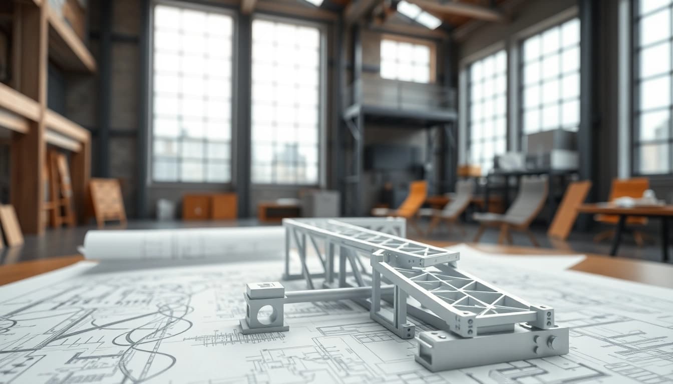 Showcasing steel structure design concepts with detailed blueprints and models in a modern workspace.