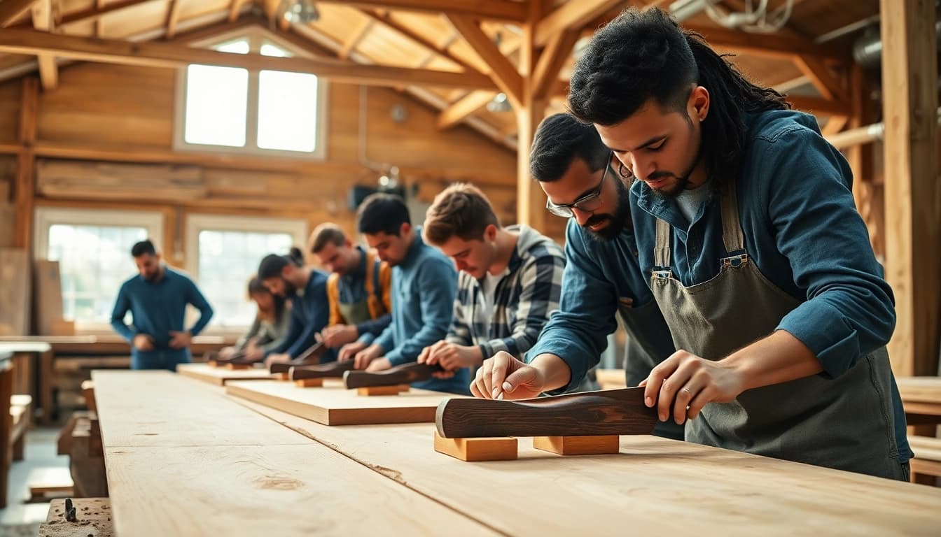 Engaged apprentices in a carpentry apprenticeship workshop, demonstrating craftsmanship with tools in action.