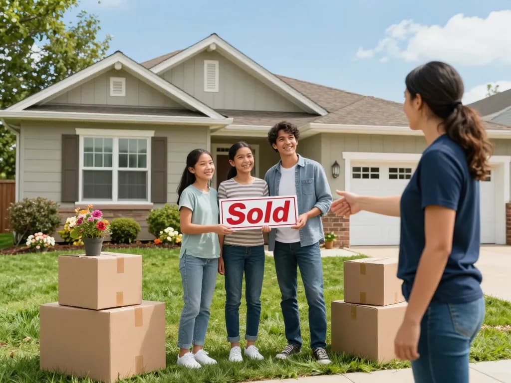 Cash home buyers celebrating a successful sale in front of their new home with a friendly representative.
