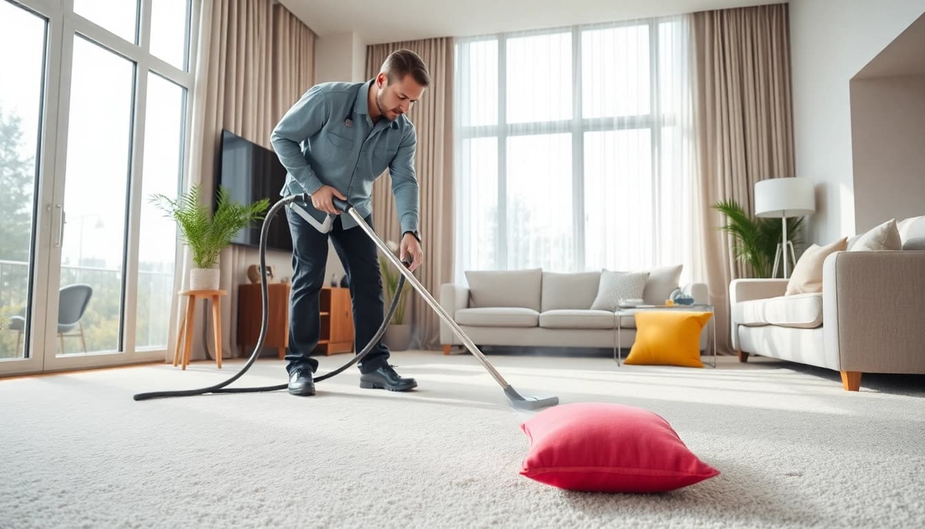 Enjoy effective carpet cleaning near me with a technician demonstrating expertise in a bright living room.
