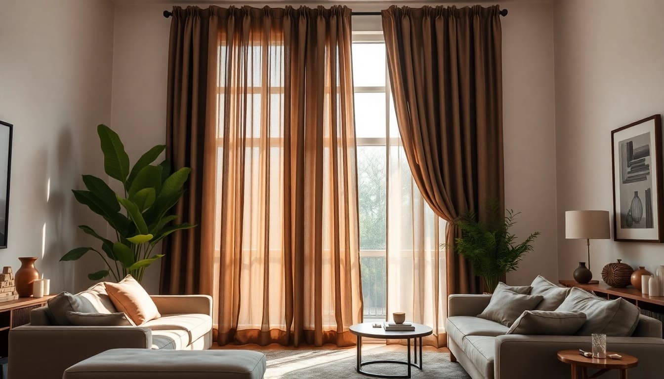 Verduisterende gordijnen in een sfeervolle woonkamer met warm licht en elegante decoratie.