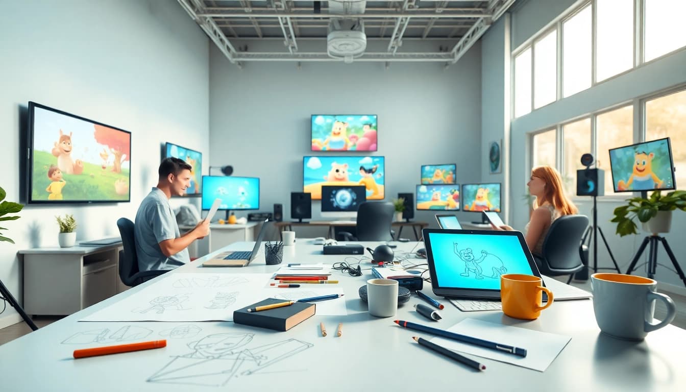Animationsstudio kreatives Team arbeitet an Animationen, dynamische Atmosphäre und inspirierendes Umfeld.