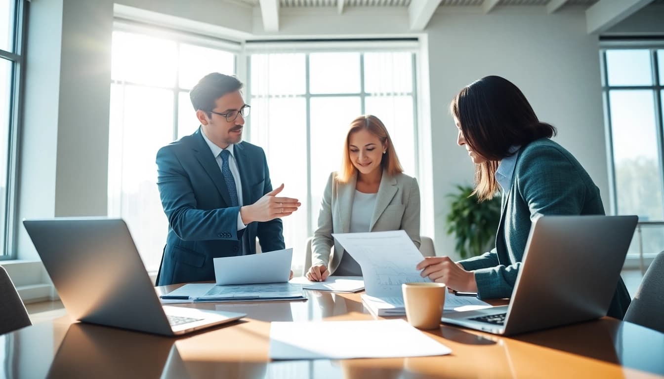 Engaging financial advisor San Antonio guiding clients through financial plans in a modern office.