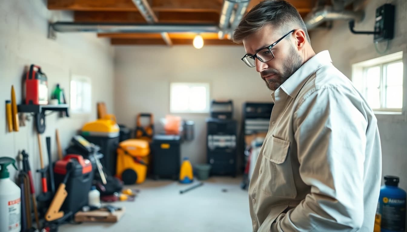 Engaged pest control expert performing basement bug removal in a bright, organized basement.
