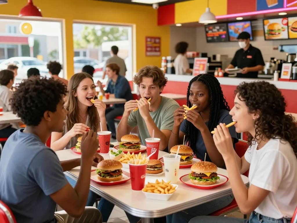Fast food prices featured in lively restaurant scene with friends enjoying meals.