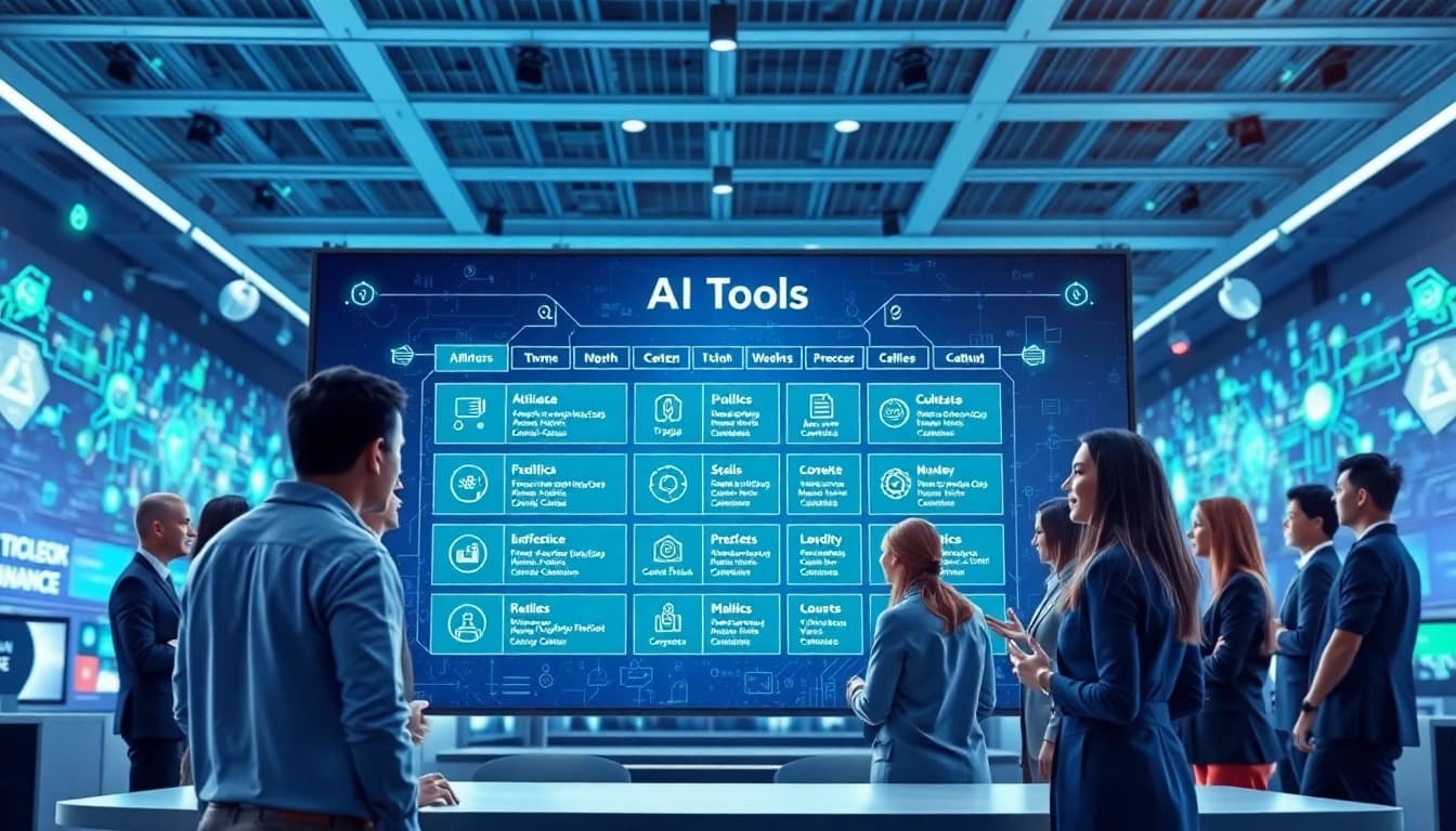 Engaging visual of an ai tool marketplace featuring diverse professionals collaborating.