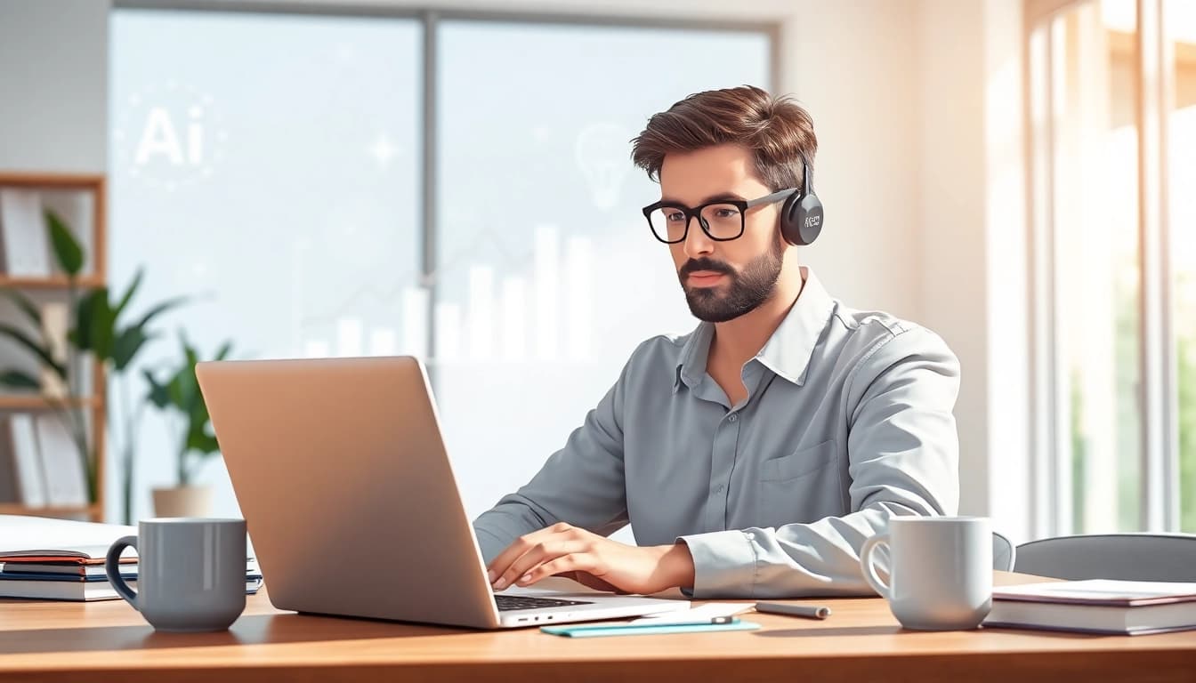 Illustration of an enterprise assistant managing tasks in a modern workspace.