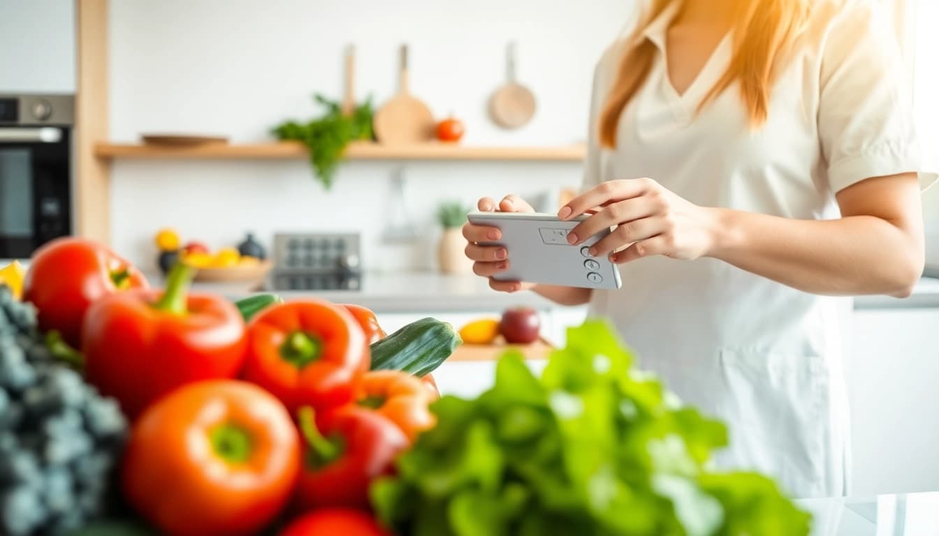 Calculate your daily caloric needs with a detailed calorie calculator in a vibrant kitchen setting.