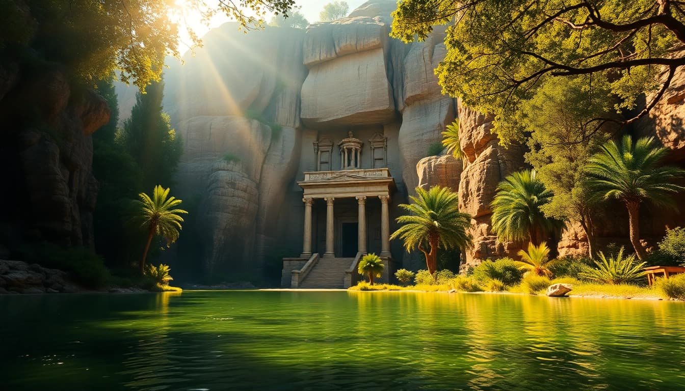 View of King Solomon's Mine with lush surroundings and ancient architecture.