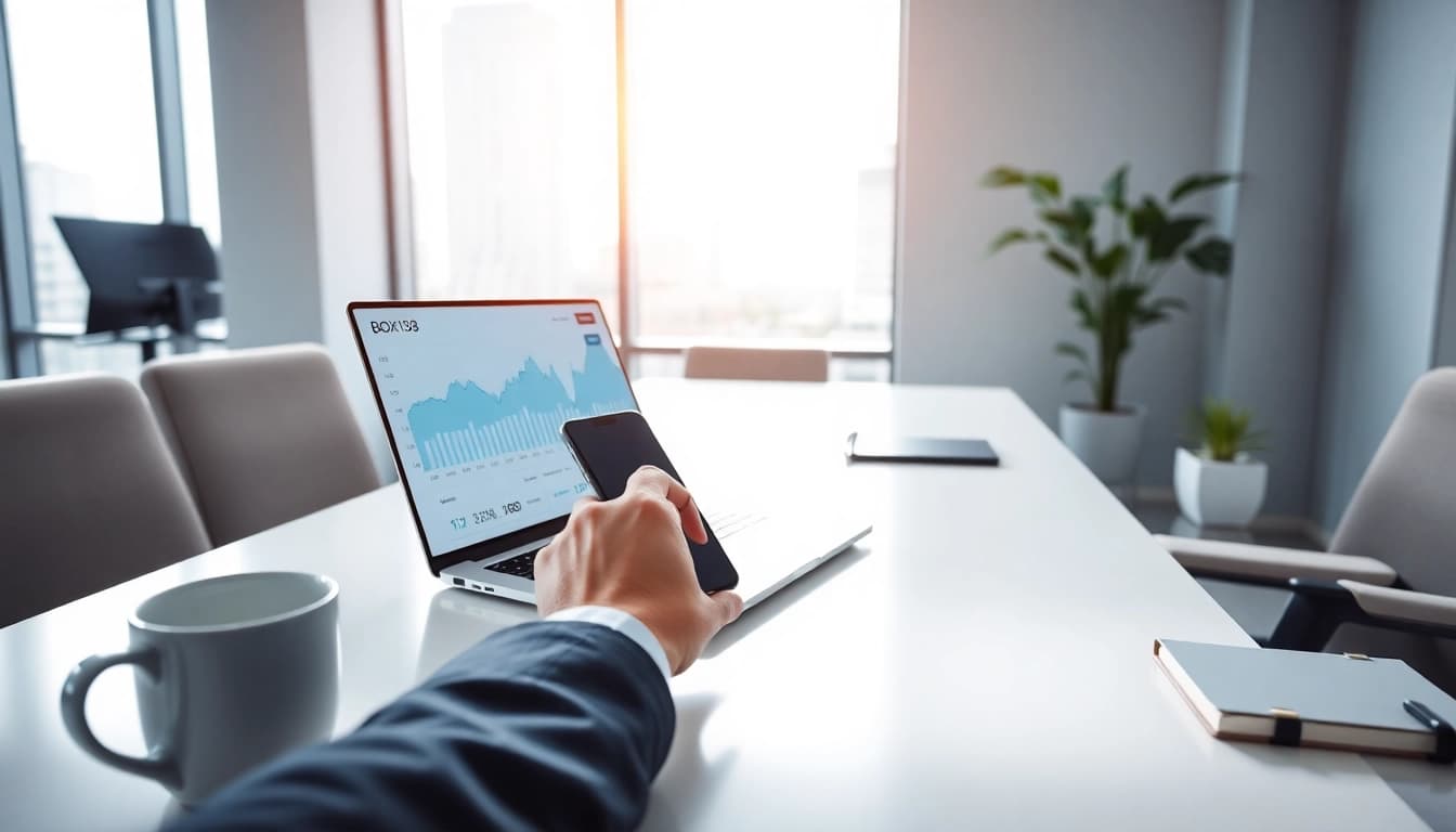 BOX138 financial office setup with modern desk and laptop showcasing financial charts.