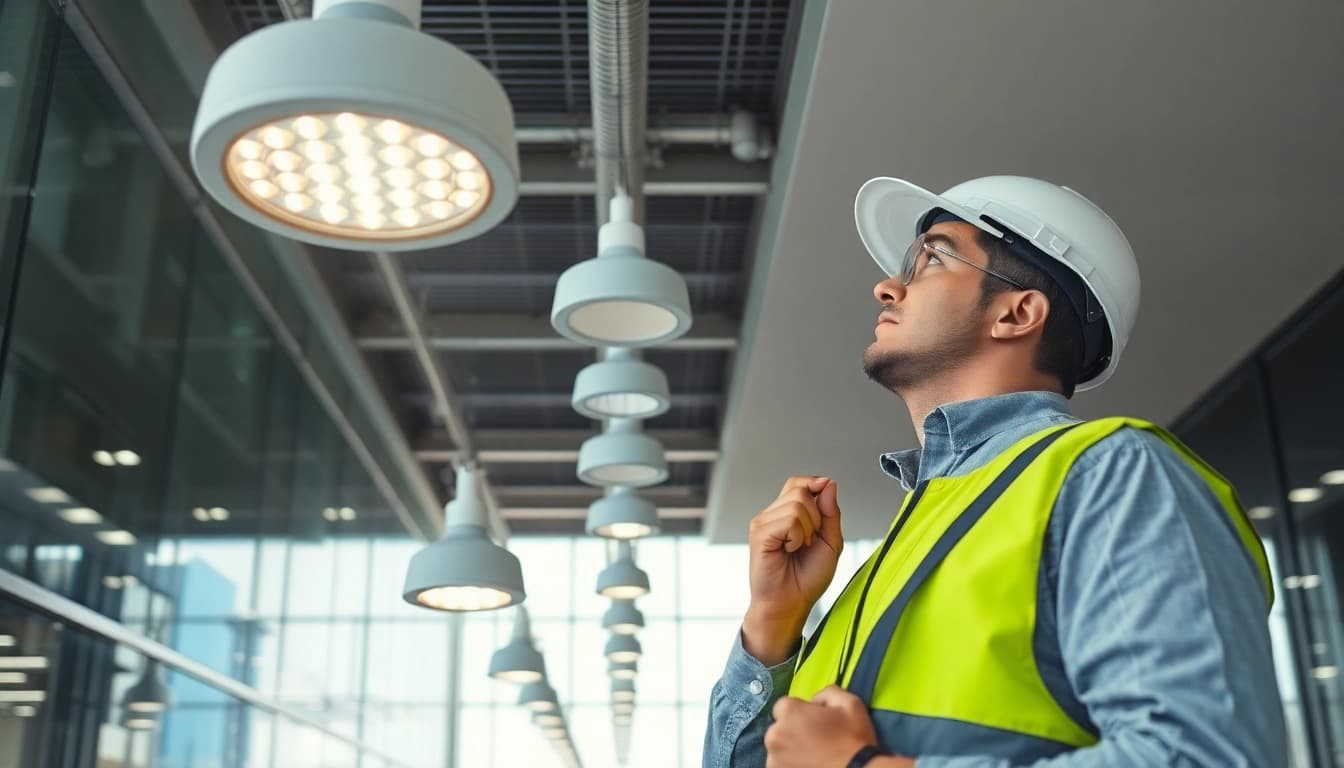 Enhance your edmonton lighting maintenance with expert technician servicing LED lights.