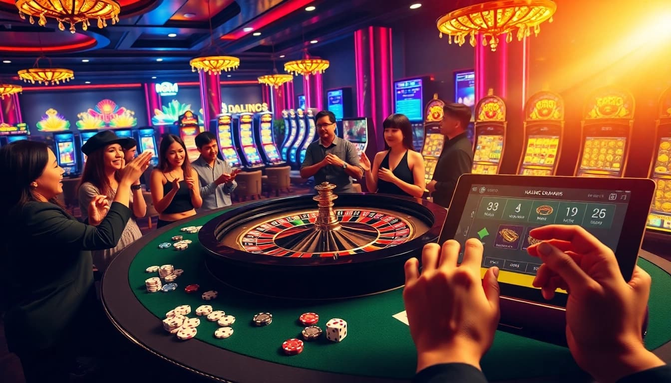 Players celebrating big wins at a stylish casino table featuring slot gacor 777.