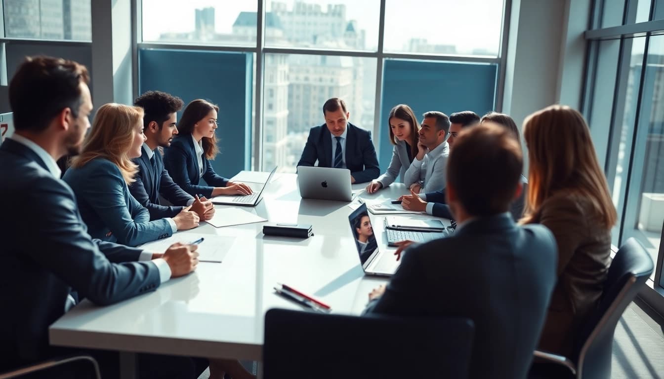 Business experts discussing Federal and State contracts pre-post award compliance in a modern office setting.