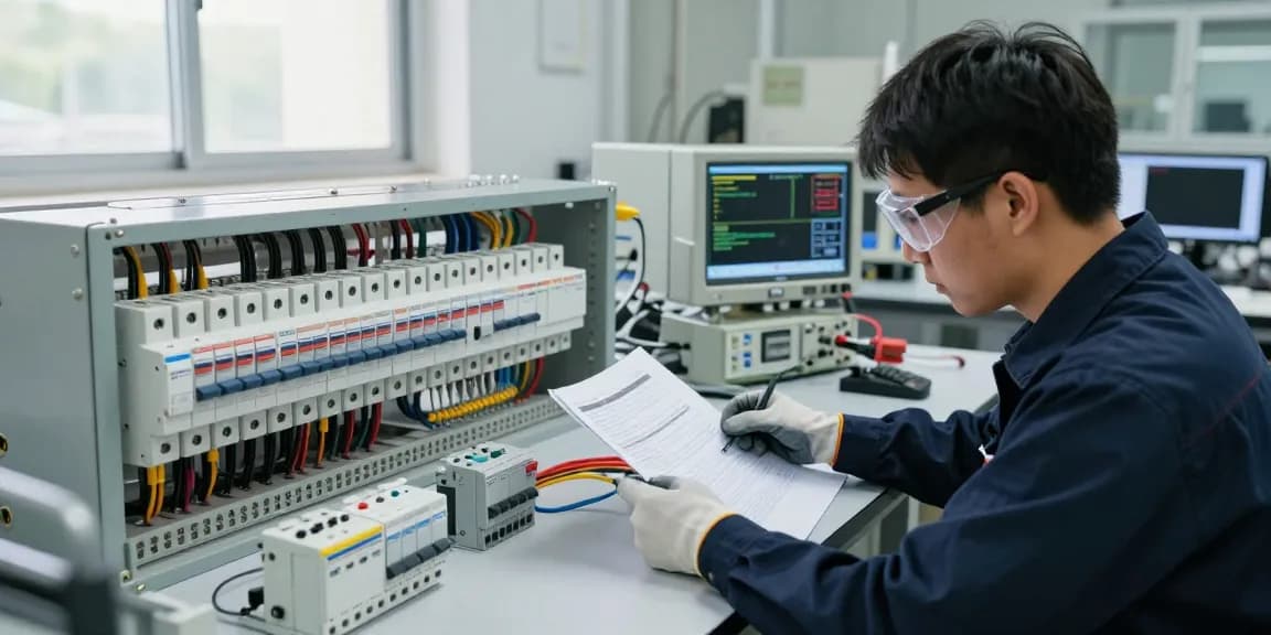 Detail-oriented technician inspecting an air circuit breaker in a high-tech lab setting, showcasing low-voltage electrical components.