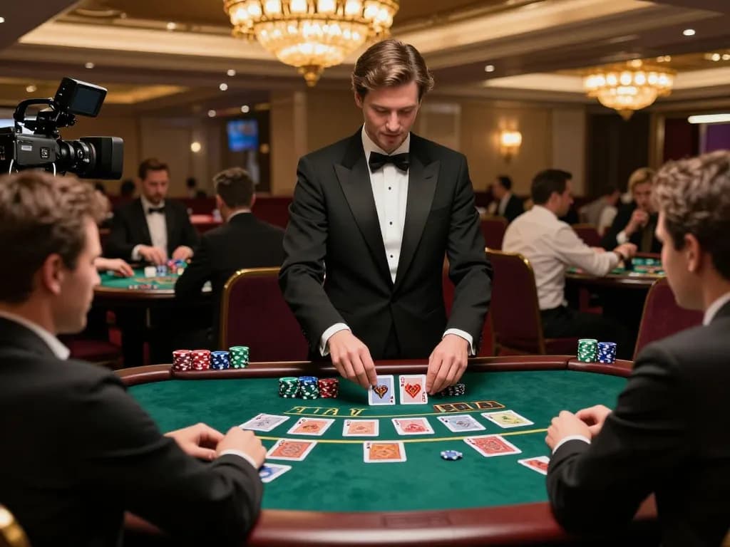The excitement of playing blackjack at 388bet with a professional dealer amidst a luxurious casino atmosphere.