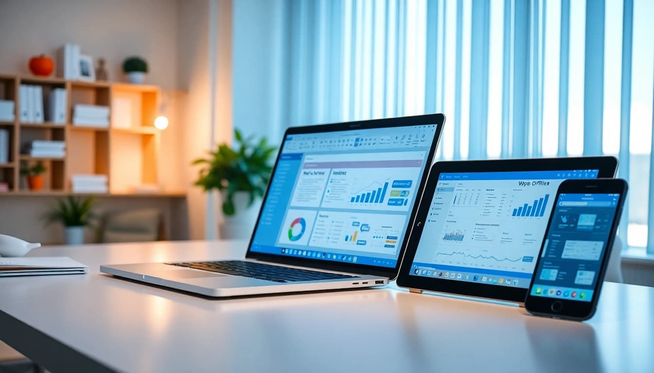 WPS下载 interface displayed on multiple devices in a bright workspace