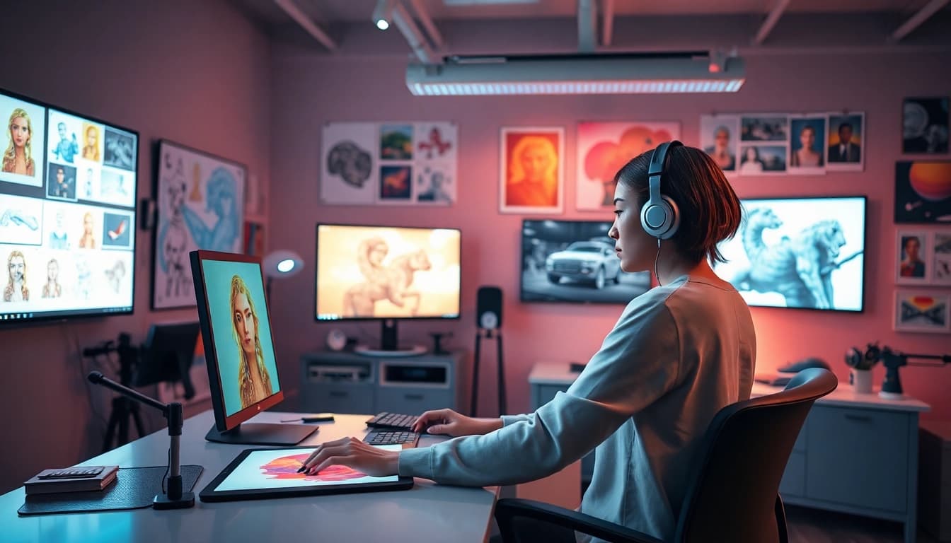 Generate precise AI prompts with our image to prompt tool in a vibrant digital studio.