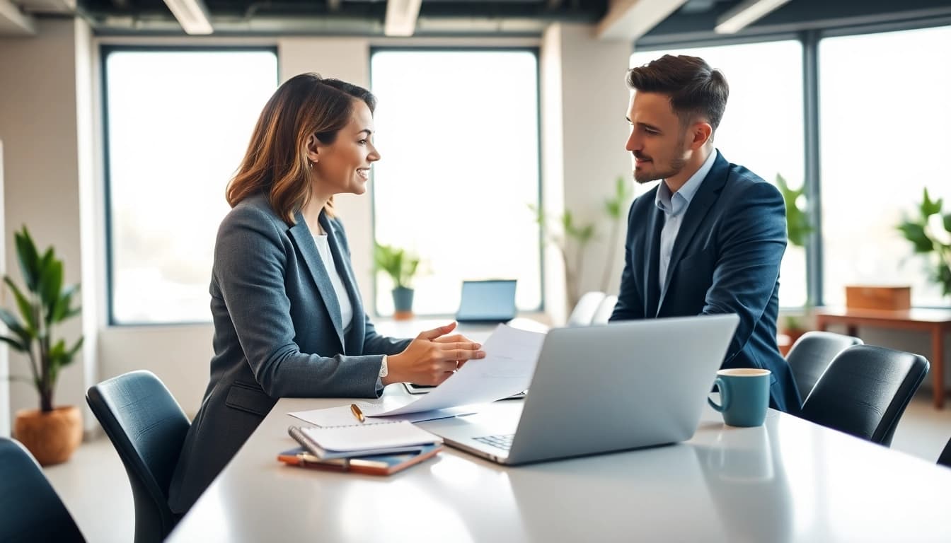 Engaged discussion with a business coach near me in a modern office setting.