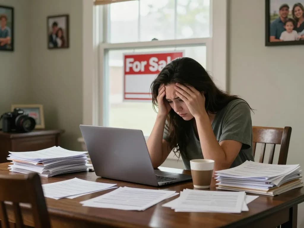 Desperate homeowner searching options to sell my home urgently amidst paperwork and bills.