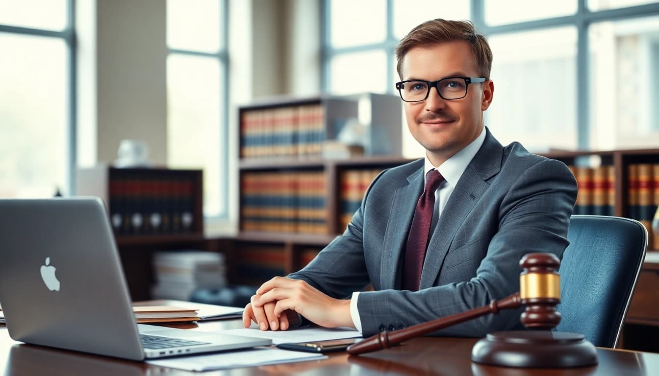 Eminent domain lawyer consulting clients confidently in a professional law office.