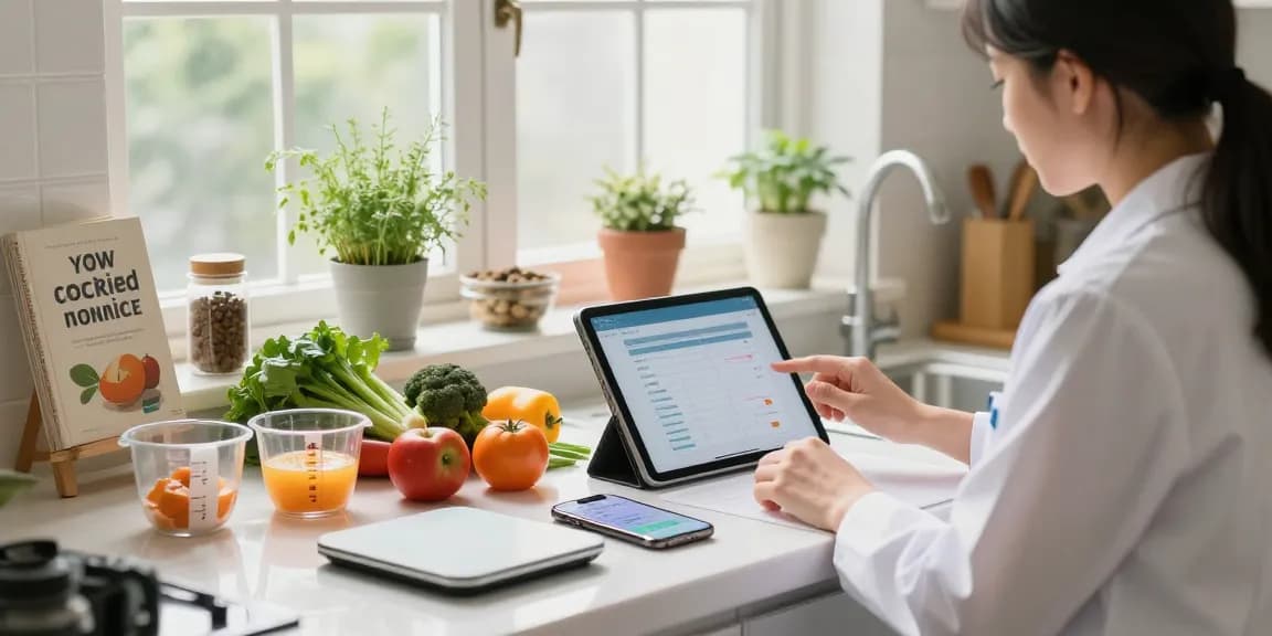 The nutritionist using the best AI calorie tracker in a bright kitchen to analyze meal data.
